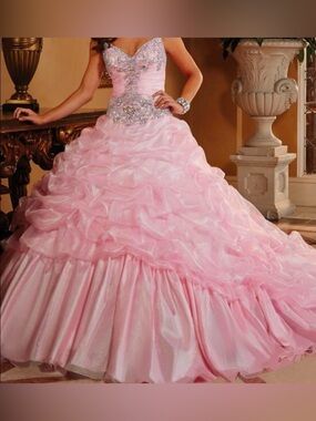 Pink Ruffled Ball Gown with Beaded Sweetheart Bodice perfect for Prom or Gala